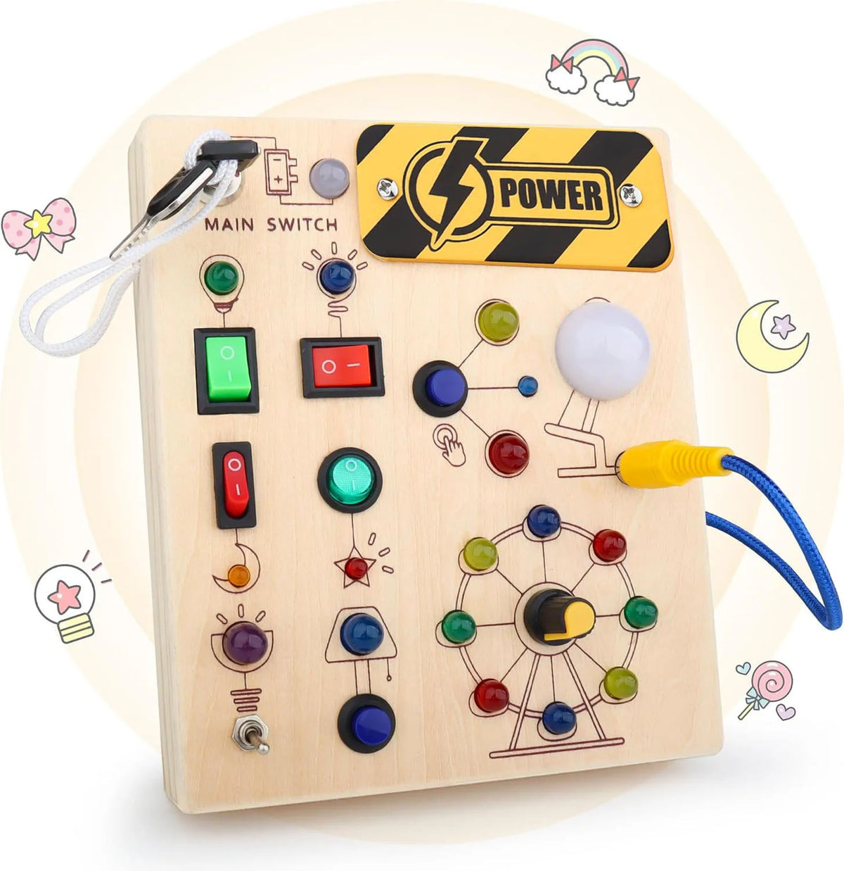 Table de radio en bois avec divers interrupteurs et leviers pour tout-petits, avec un bouton d'alimentation jaune.