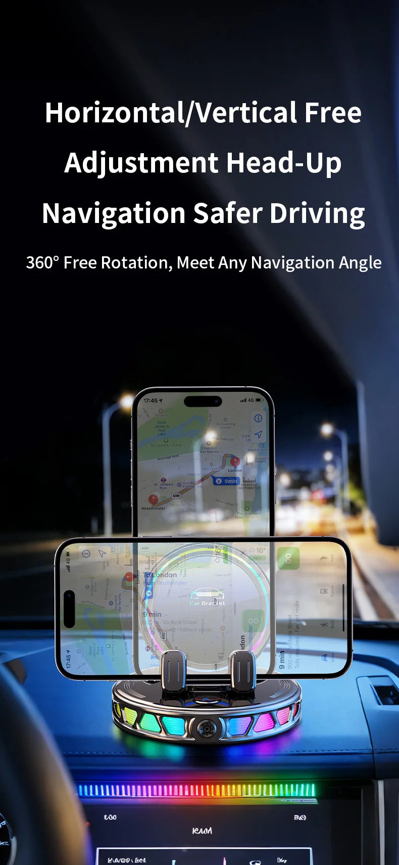 A mobile phone is mounted in a car dashboard using an auto-clamping wireless holder with RGB ambient light.