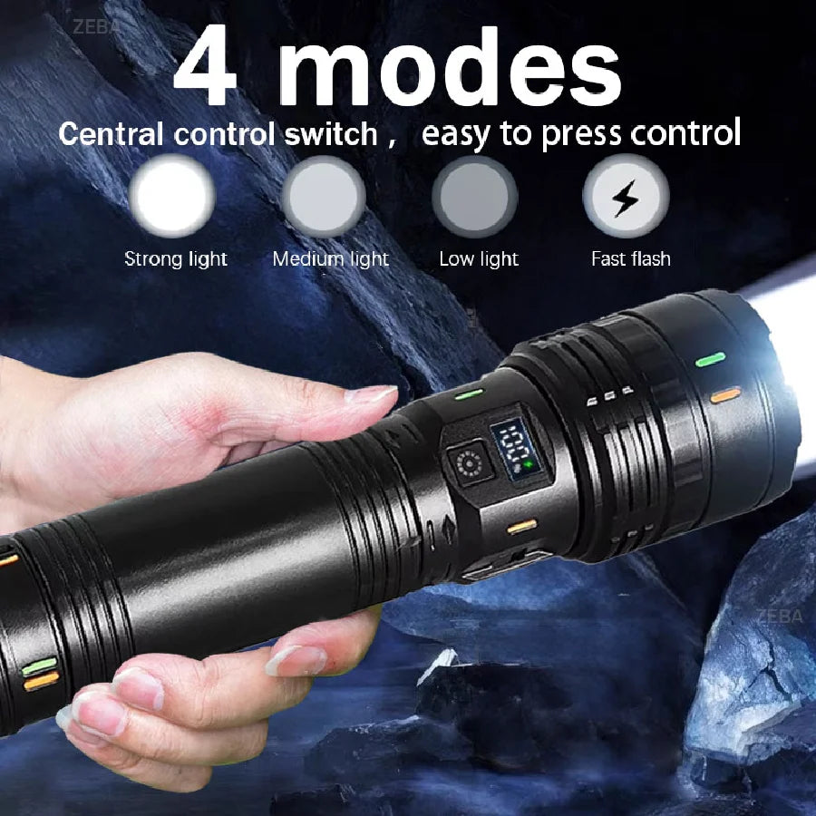 A hand holds a black LED flashlight with an OLED display, demonstrating four light modes.