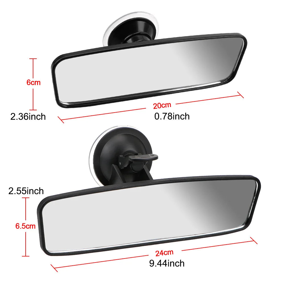 A rectangular car rear view mirror with a silver reflective surface and a black frame.