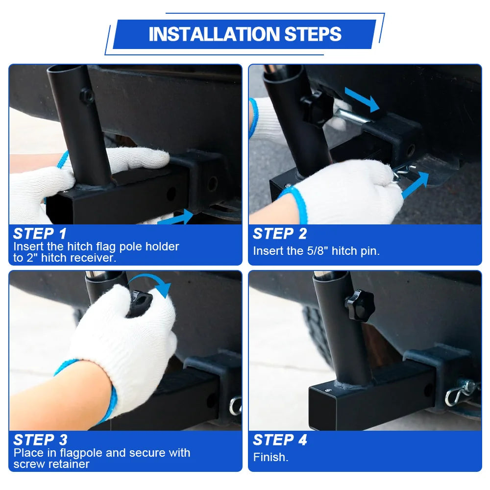 Installation steps showing how to insert the hitch pin and flag pole holder into a mount.