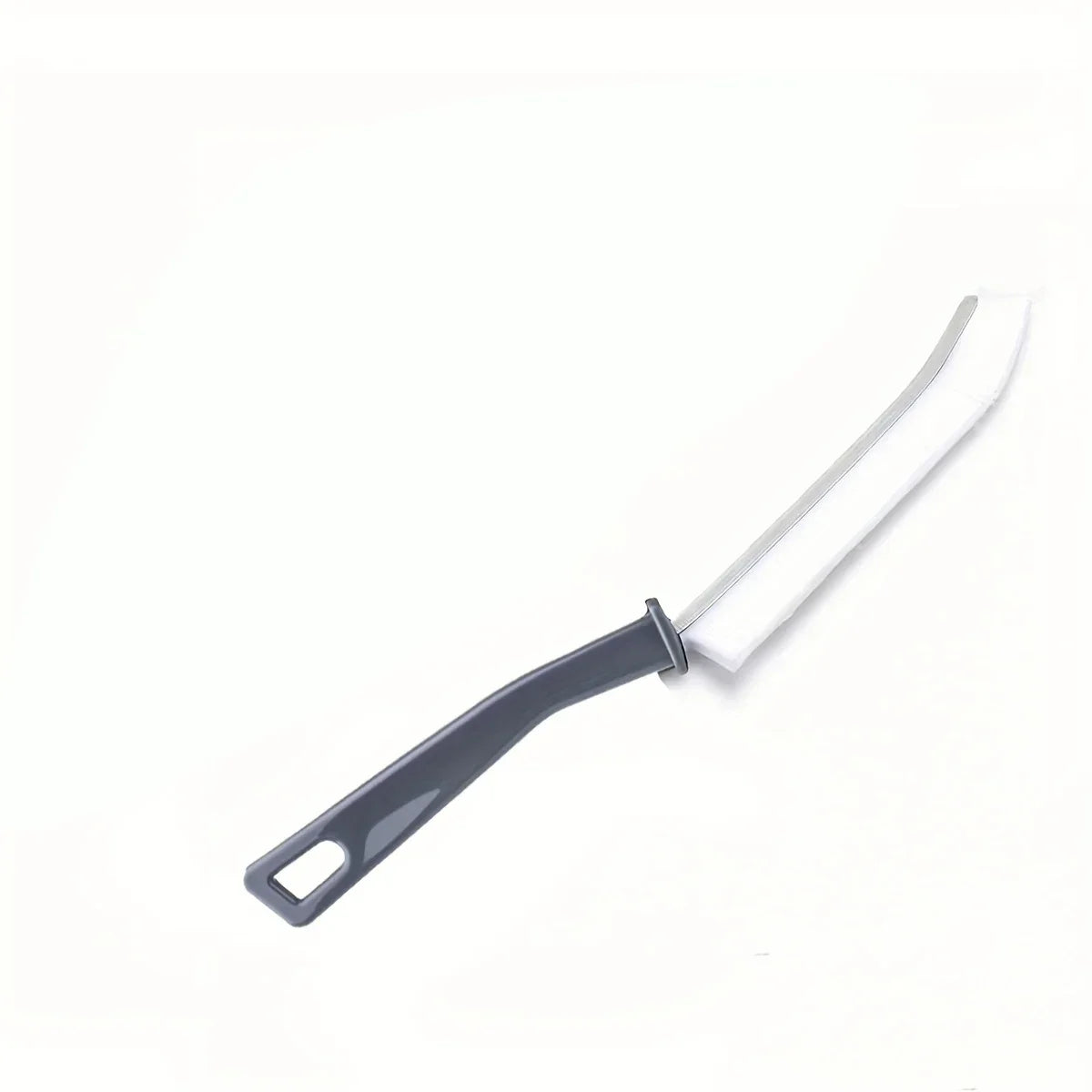A white hard bristle crevice cleaning brush with a gray non-slip handle.