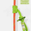 A close-up view of a green auxiliary rope with a yellow knot and a metal clip, shown against a white background.