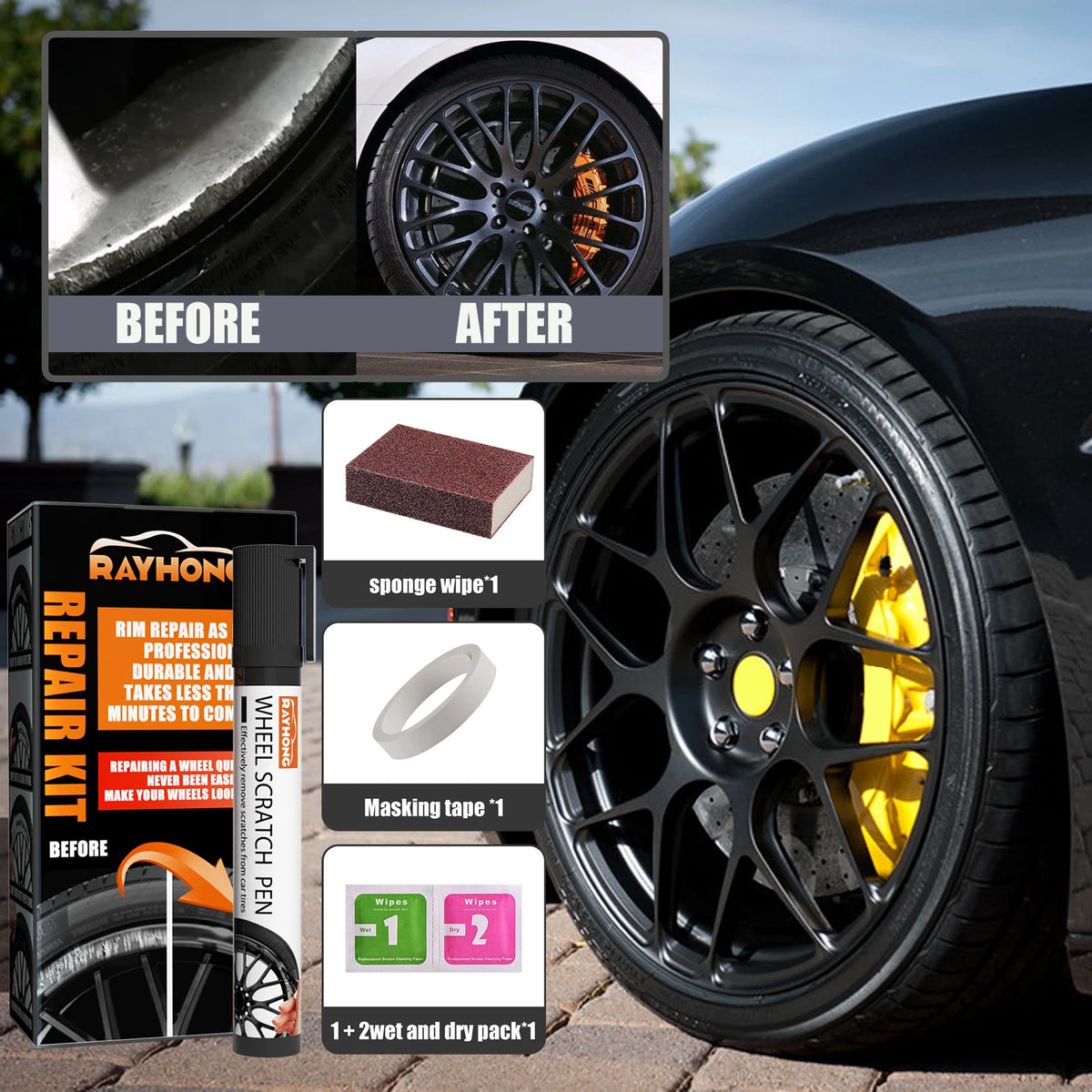 Before and after comparison showing a black alloy wheel scratch repair kit for automotive wheels