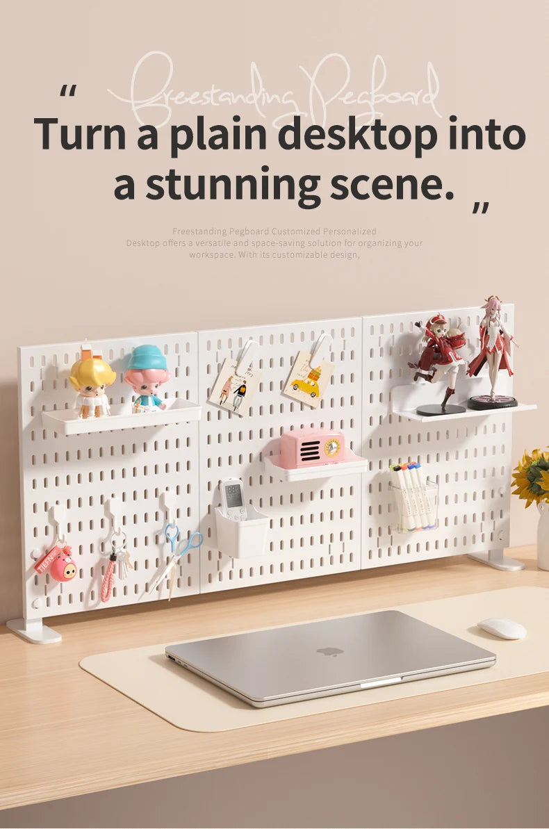 A white desktop pegboard organizer with shelves and hooks displaying various small decorative items and tools.