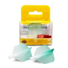 A yellow plastic package containing precision dart flights with a big wing shape and graduated colors.