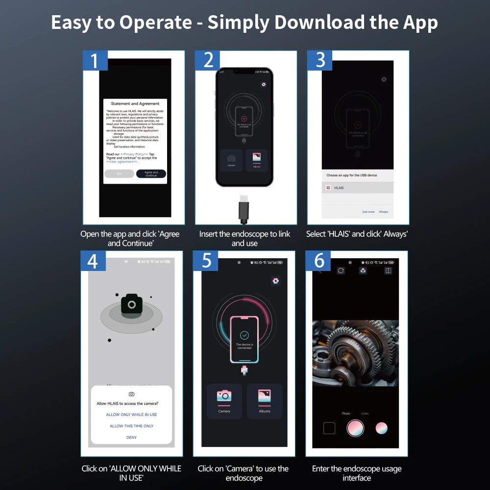 A six-step guide showing how to operate a USB-C inspection camera app for accessing the camera.
