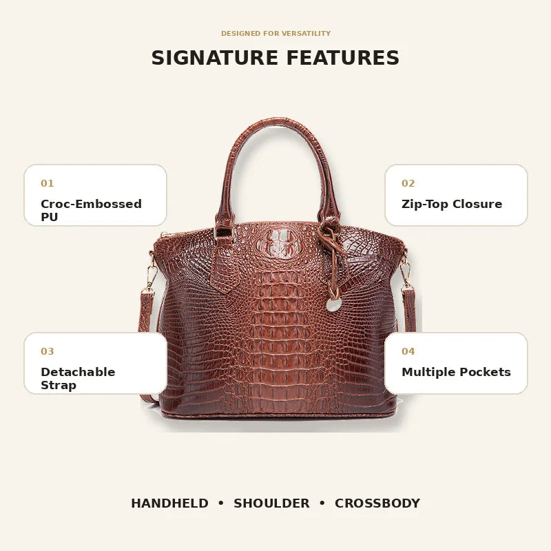 Vintage Croc-Embossed Structured Satchel Handbag
