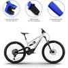 A white and black bicycle with a blue frame and universal chain cleaning brush components shown in detail.
