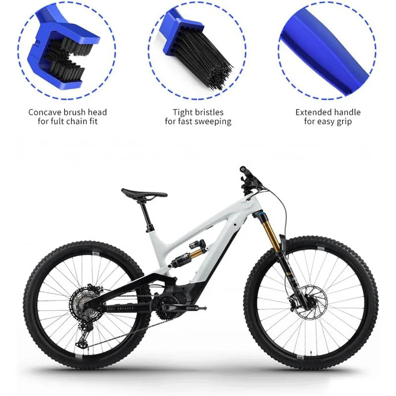 A white and black bicycle with a blue frame and universal chain cleaning brush components shown in detail.