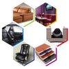 Various self-adhesive leather repair patches shown on furniture, car seats, and bags in different colors.