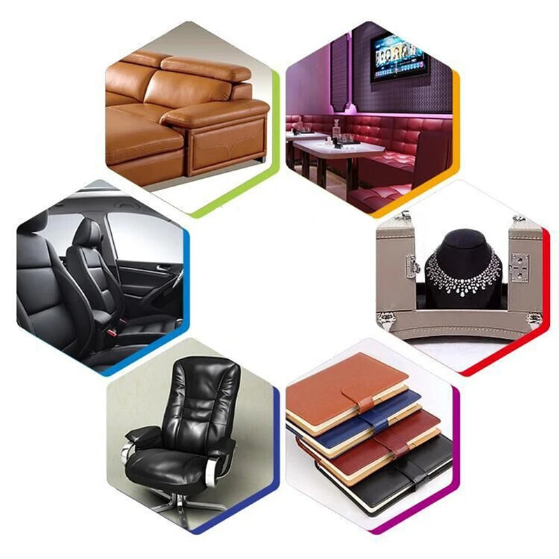 Various self-adhesive leather repair patches shown on furniture, car seats, and bags in different colors.