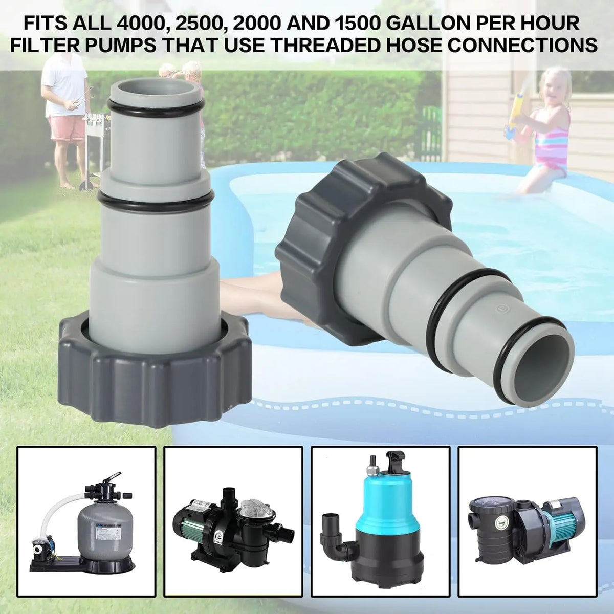 A set of pool hose adapters and fittings designed to connect filter pumps that use threaded hose connections.