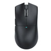 A black wireless gaming mouse with a textured grip and an illuminated blue light on the side.