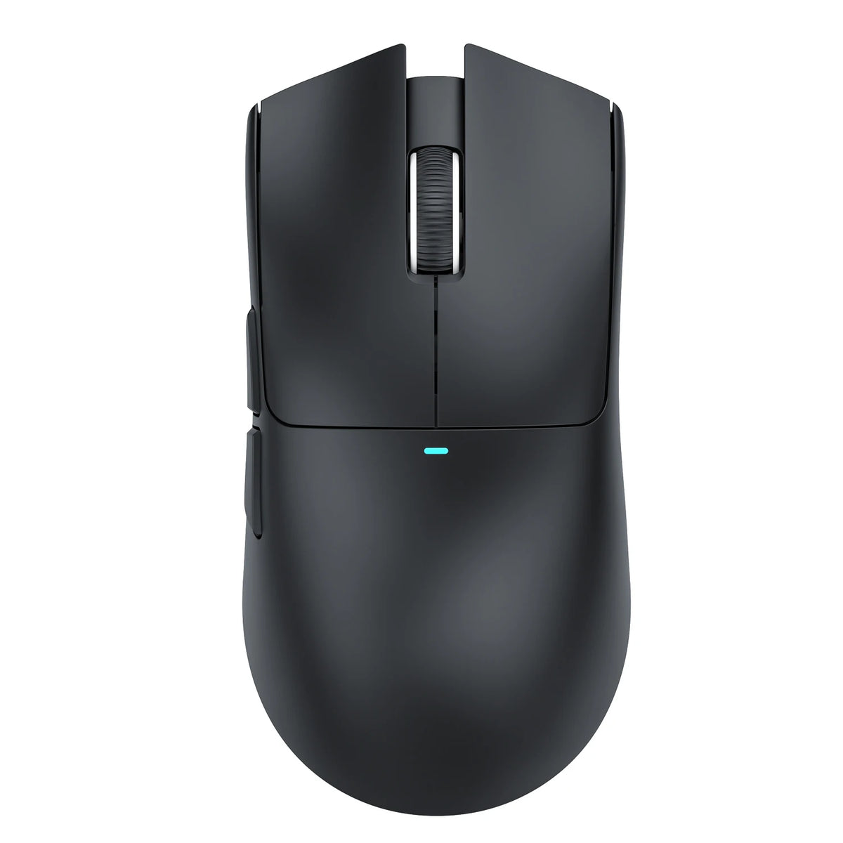 A black wireless gaming mouse with a textured grip and an illuminated blue light on the side.