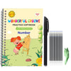 A yellow and green magic copybook for preschool number practice with a black pen and pencil set.