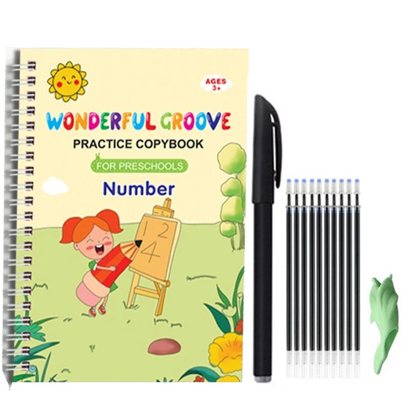 A yellow and green magic copybook for preschool number practice with a black pen and pencil set.