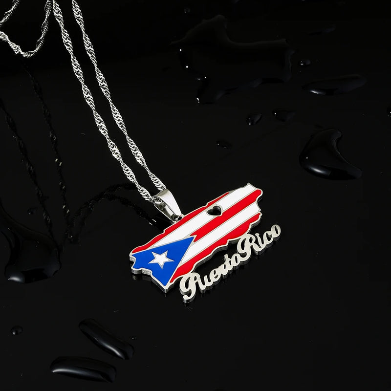 Stainless Steel Puerto Rico Map Pendant Necklace
