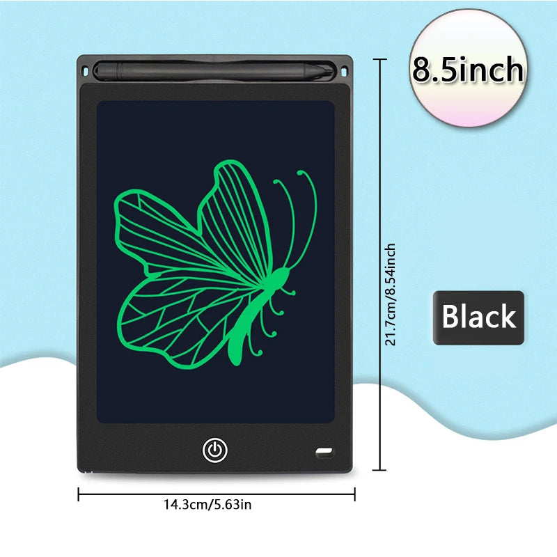 A black 8.5-inch LCD drawing tablet showing a green butterfly outline on the screen.