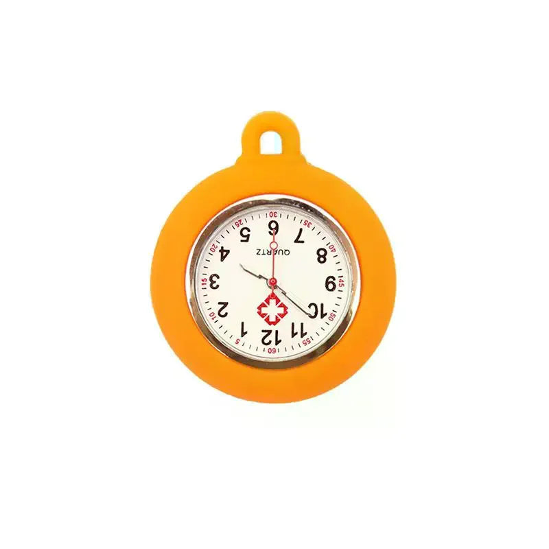 An orange silicone pocket nurse watch with a brooch pin and a round face.