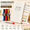 Embroidery stitch book kit showing threads, needles, and a guide for various stitches like French knot and colonial knot.