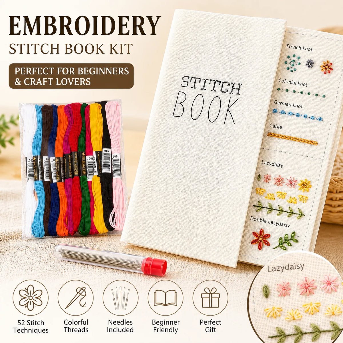 Embroidery stitch book kit showing threads, needles, and a guide for various stitches like French knot and colonial knot.