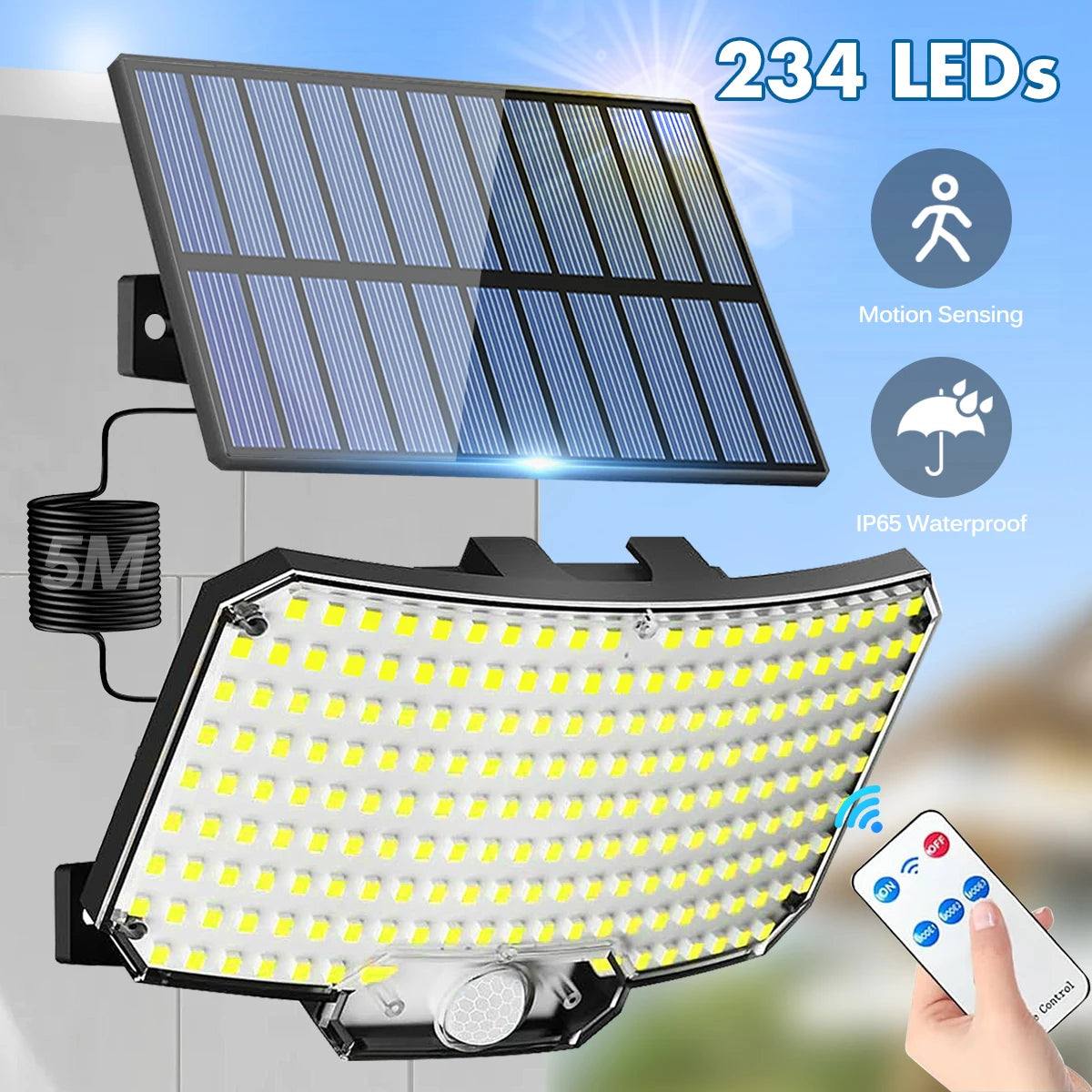 A solar motion sensor flood light panel and a separate LED light fixture are shown with a hand controlling the device.