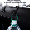 A green car seat headrest hook is shown holding a plastic water bottle.