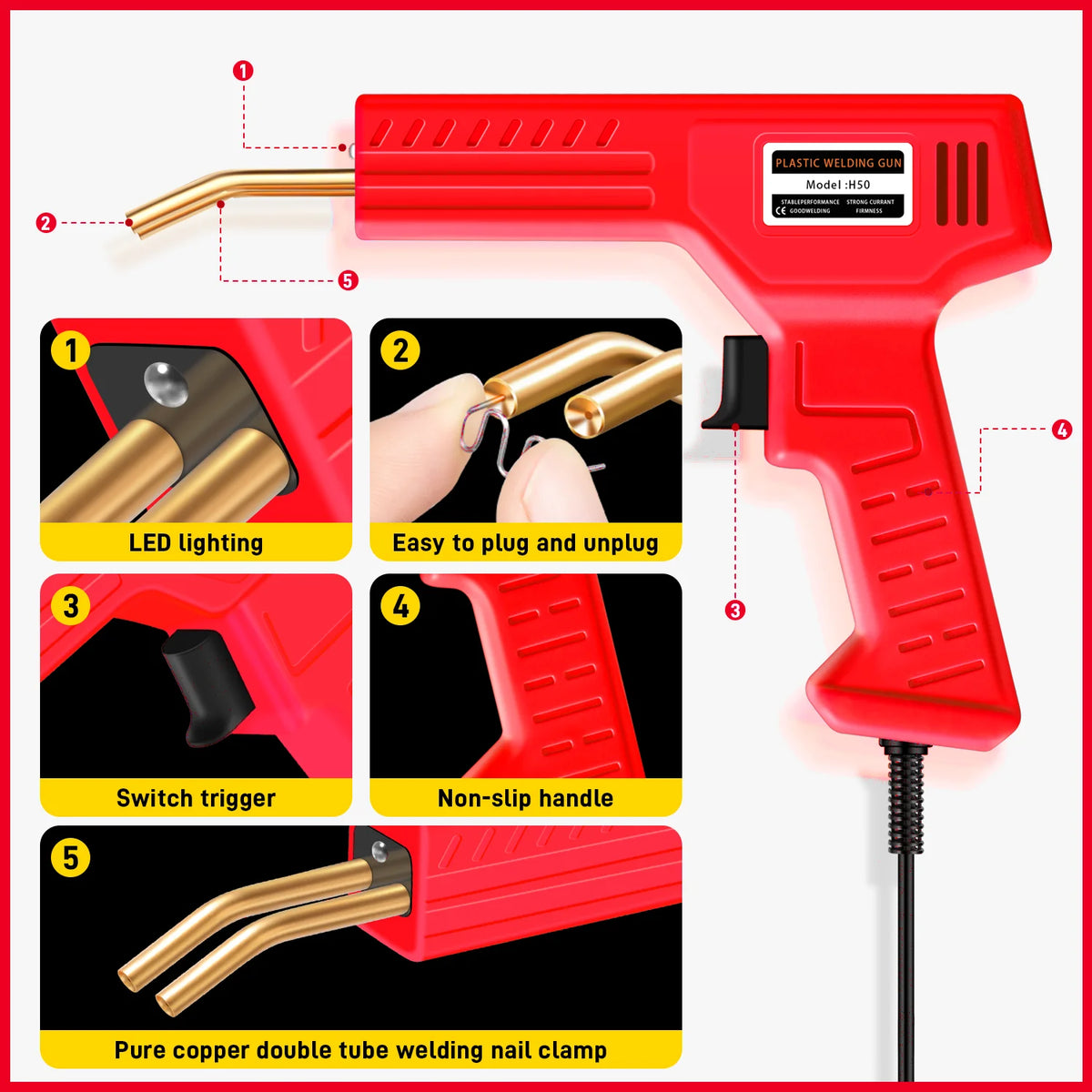 A red plastic welding gun tool with a gold tip and various features shown on the side.