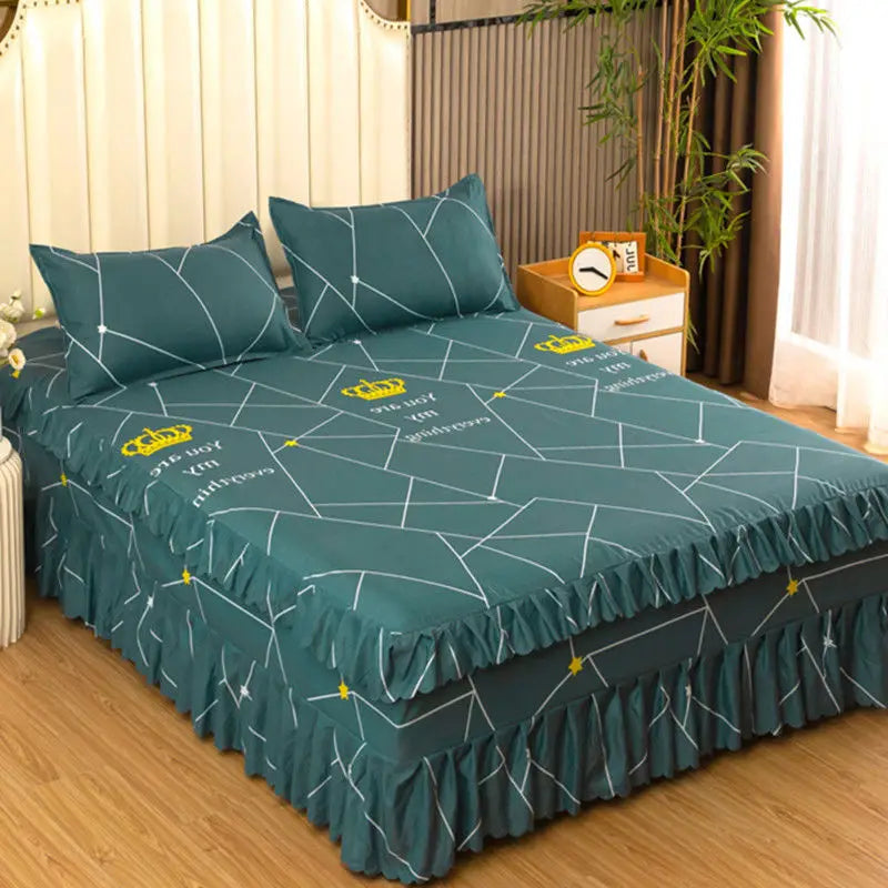 Elegant Elastic Fitted Bed Sheet Set with Lace Skirt and Pillowcases