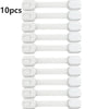 Ten white child safety cabinet locks with flexible straps arranged in a vertical line.