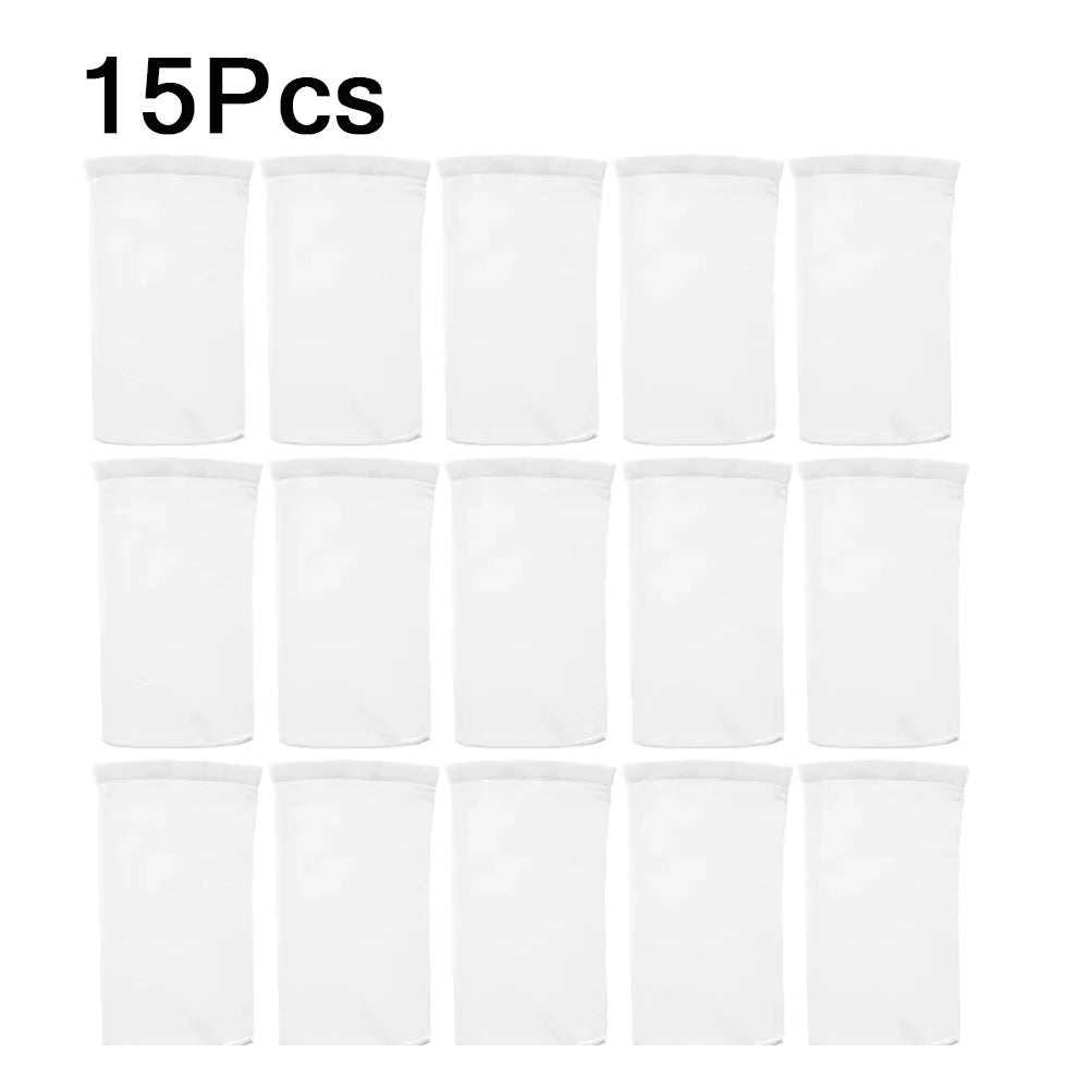 A set of fifteen white reusable pool skimmer socks.