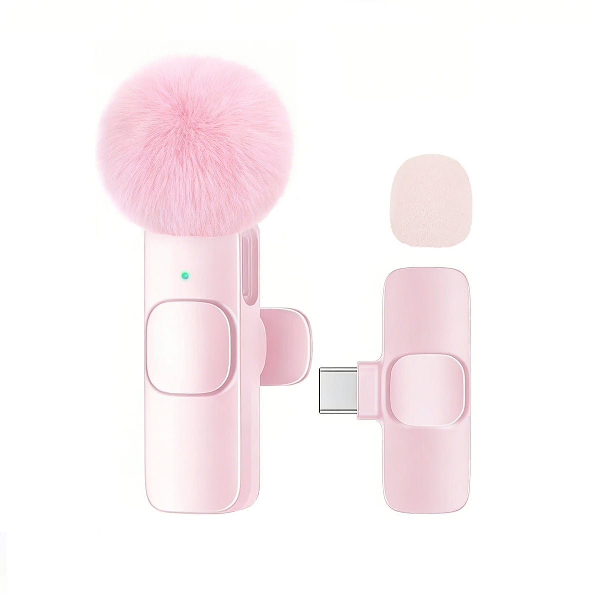 A pink USB-C wireless lavalier microphone with a fluffy pink foam cover and a clip attachment.