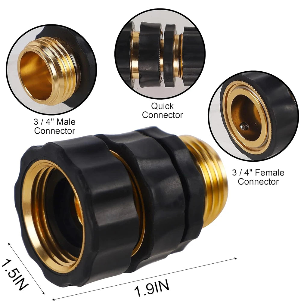 A black quick connector set for 3/4 inch male and female garden hose connections.