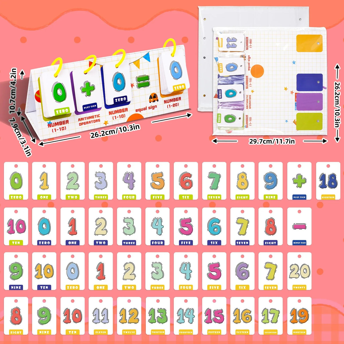 A set of colorful Montessori English learning flip charts featuring numbers and corresponding words for children.