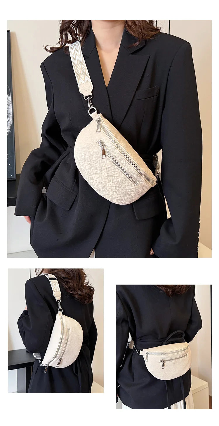 A woman wearing a black blazer holds a cream-colored multi-pocket PU leather waist bag with a silver chain strap.
