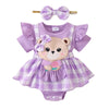 Baby Girl Plaid Romper Set with Bear Patch and Bow Headband