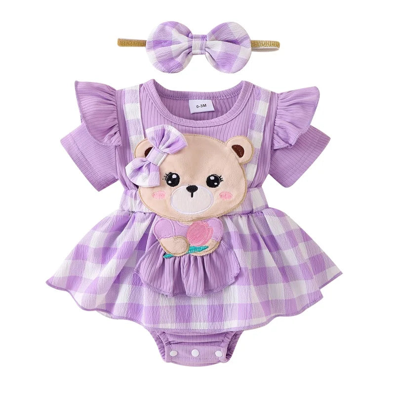 Baby Girl Plaid Romper Set with Bear Patch and Bow Headband