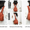 Three views of a women's lightweight mini backpack in burnt orange leather with black straps