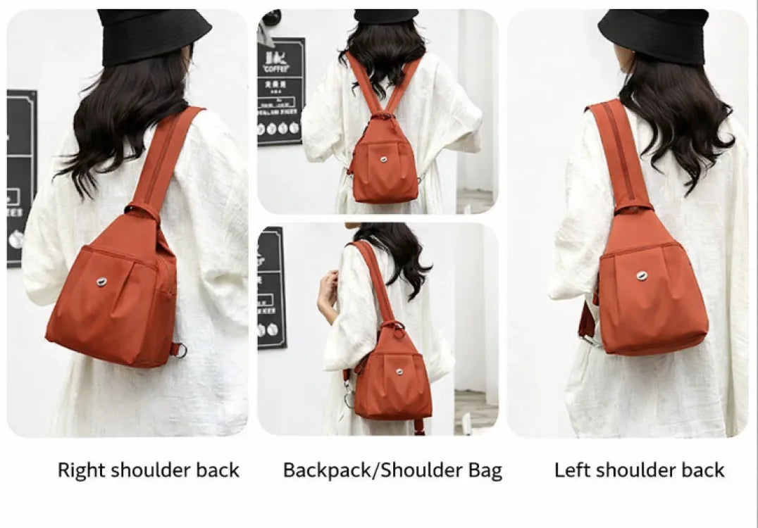 Three views of a women's lightweight mini backpack in burnt orange leather with black straps