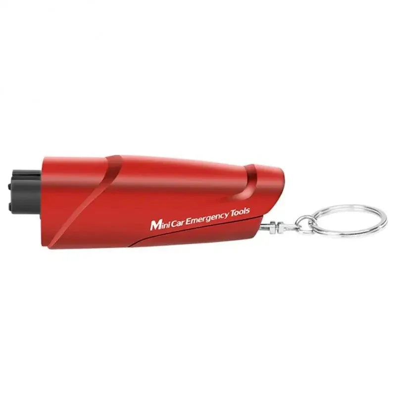 A red Mini Car Emergency Tools device with a black tip and a silver loop.