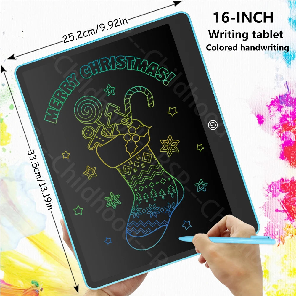 A hand holds a 16-inch LCD writing tablet displaying a Christmas-themed drawing prompt on a black screen.