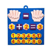 A blue felt counting toy featuring pink fingers, numbers 1 through 10, and addition/equals signs.