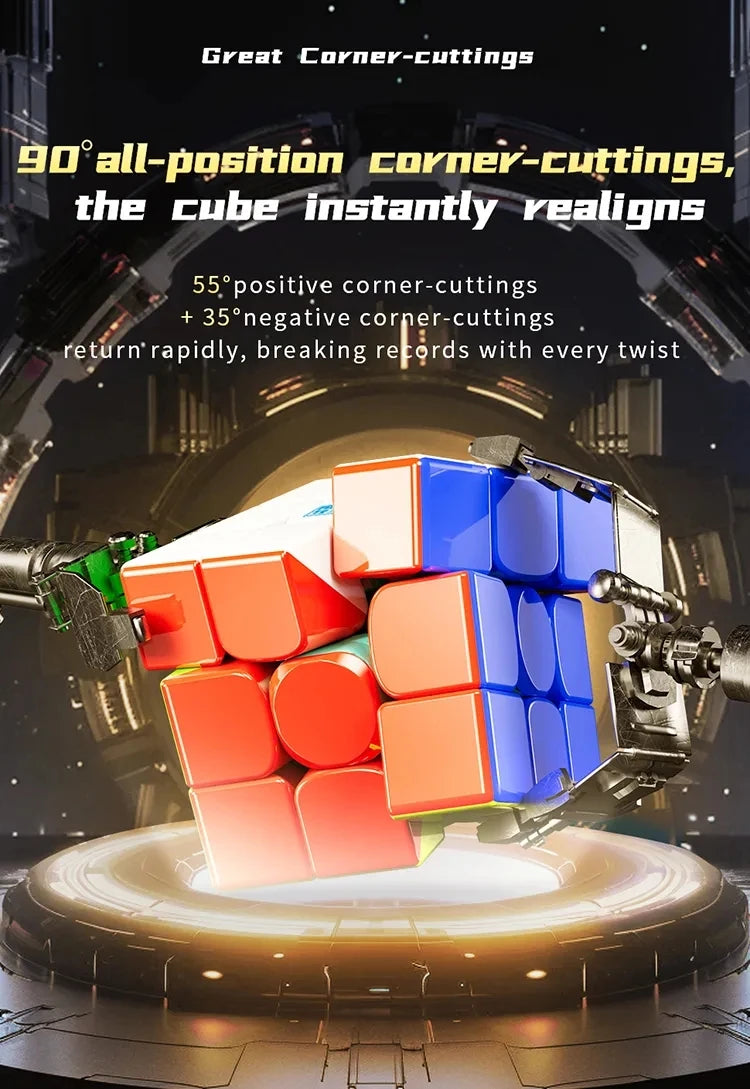 A close-up of a MoYu RS3M V5 magnetic speed cube showing corner-cutting features in red, blue, and orange.