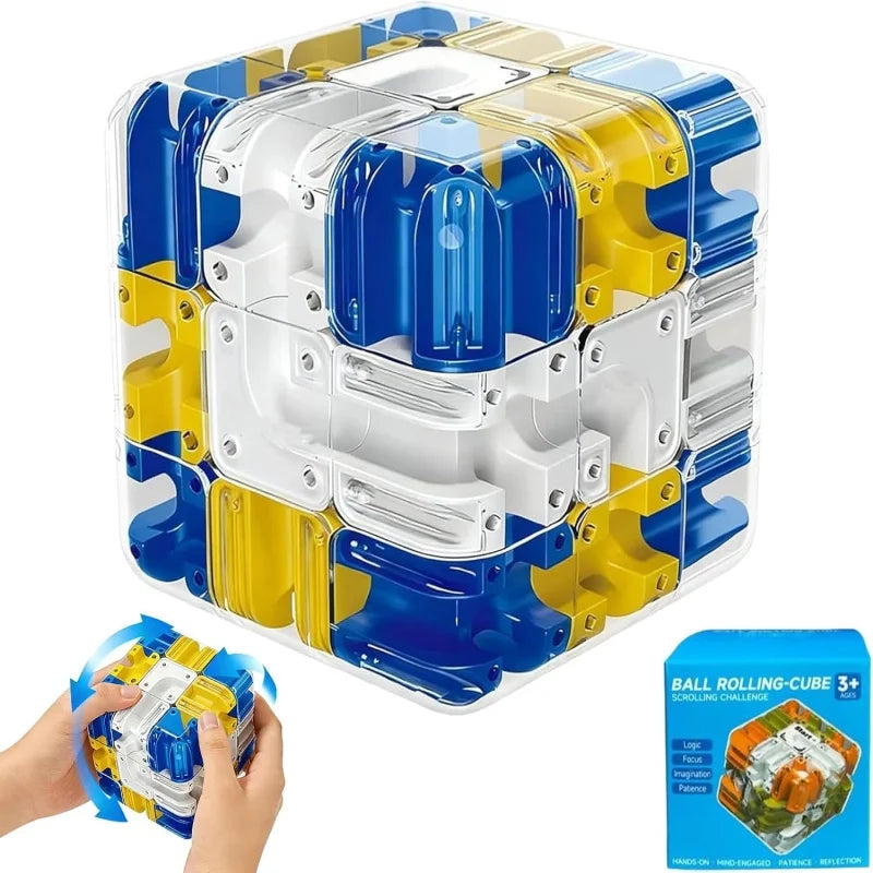 A clear plastic cube puzzle toy with blue and yellow sections, designed as a ball rolling maze challenge.