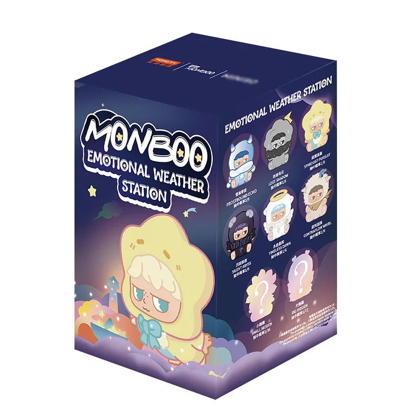 A dark purple box for the MONBOO Emotional Weather Station collectible blind box featuring various character figures.