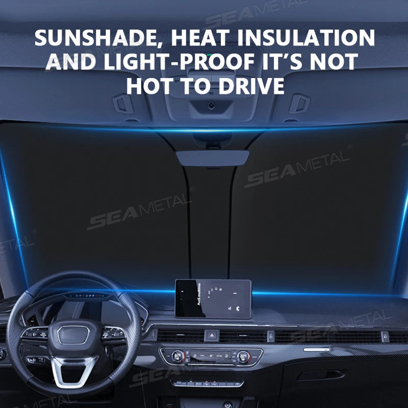 Vue intérieure d'une voiture montrant un pare-soleil rétractable installé, mettant en évidence l'isolation thermique et la fo