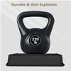 Black dumbbell with a handle and 220 lb marking resting on a black rectangular tray.