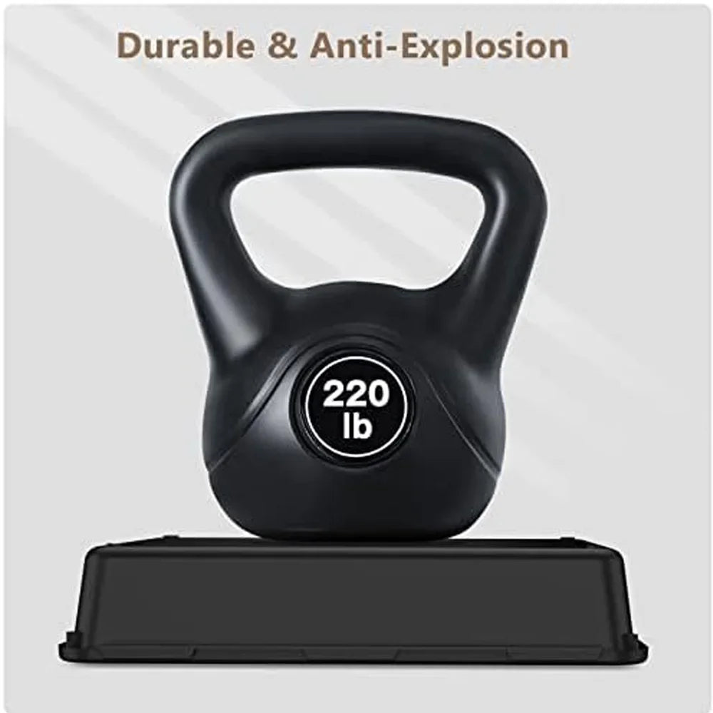 Black dumbbell with a handle and 220 lb marking resting on a black rectangular tray.