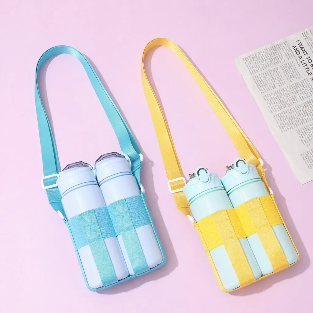 A light blue and yellow breathable mesh crossbody water bottle carrier with two bottles.